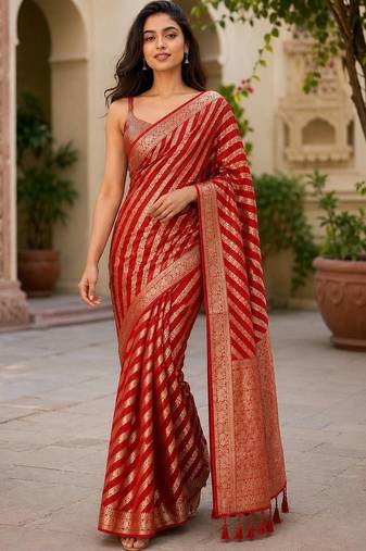 Red woven design zari poly georgette designer saree