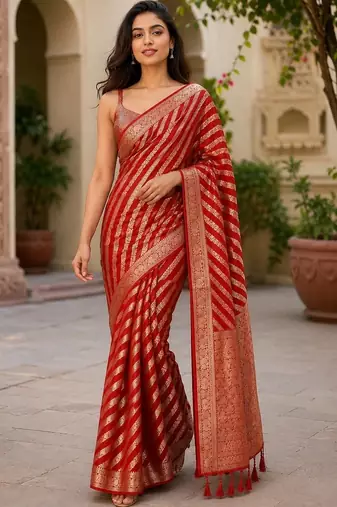 Red woven design zari poly georgette designer saree