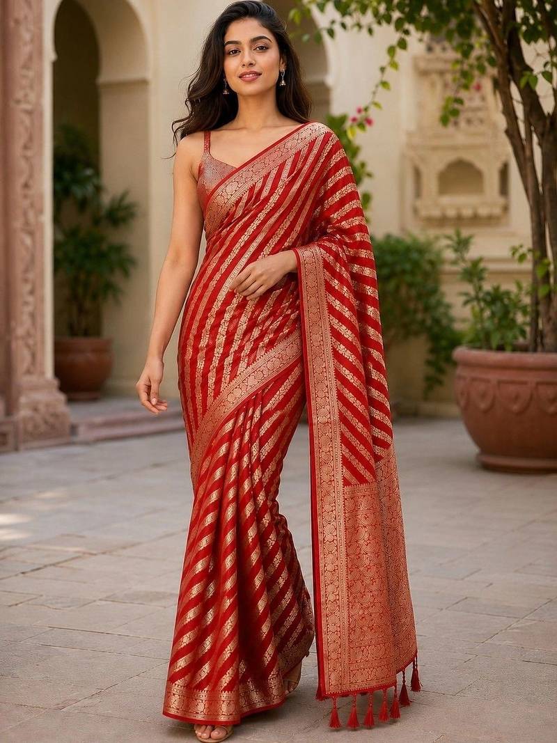 Red woven design zari poly georgette designer saree