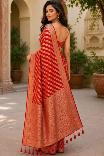 Red woven design zari poly georgette designer saree