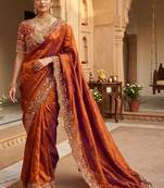 Orange woven design embroidered satin fusion saree