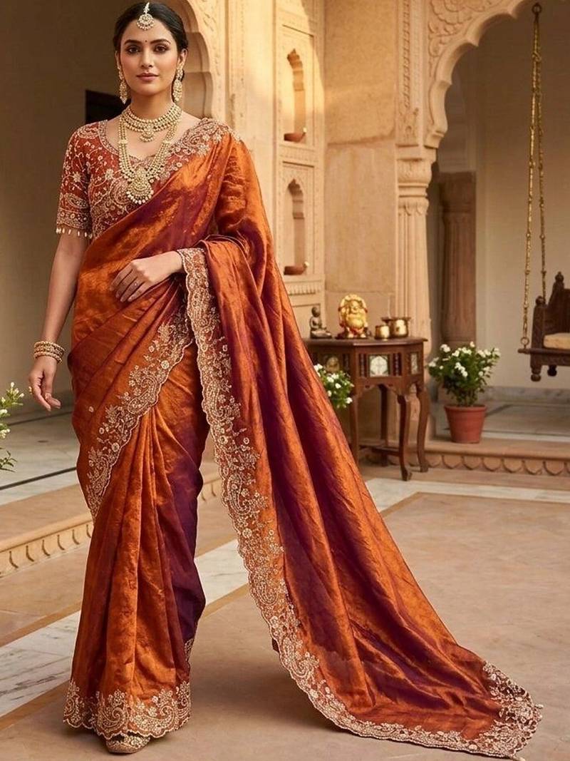 Orange woven design embroidered satin fusion saree