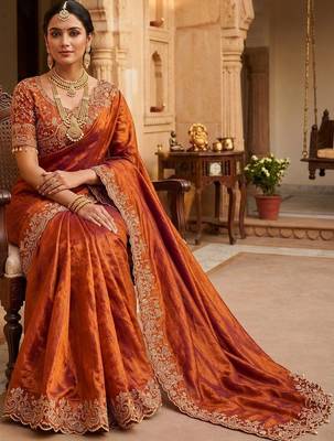 Orange woven design embroidered satin fusion saree 2