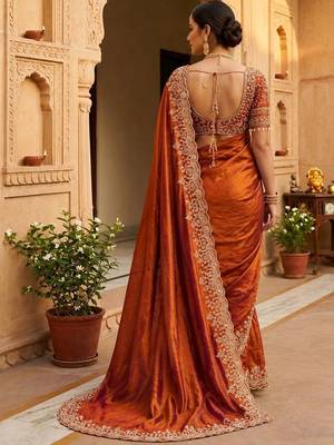 Orange woven design embroidered satin fusion saree 3