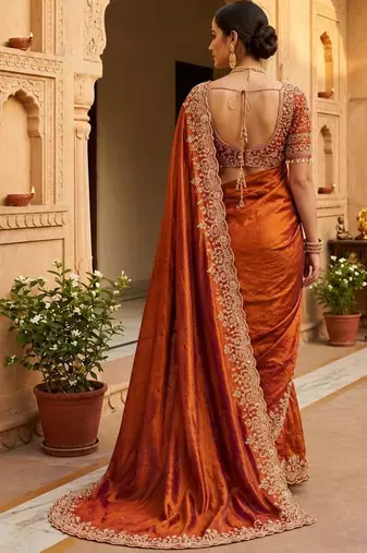 Orange woven design embroidered satin fusion saree