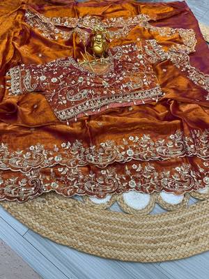 Orange woven design embroidered satin fusion saree 4