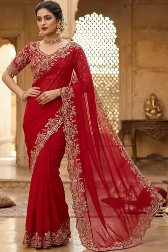 Red floral zari satin fusion saree