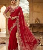 Red floral zari satin fusion saree