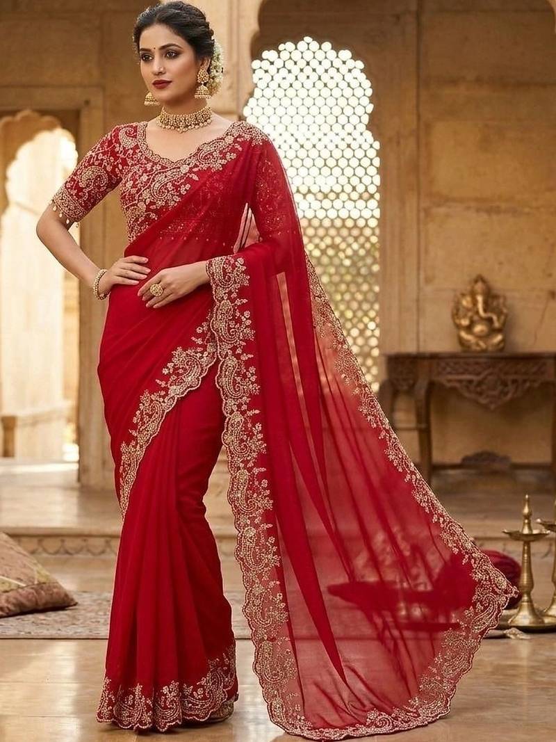 Red floral zari satin fusion saree