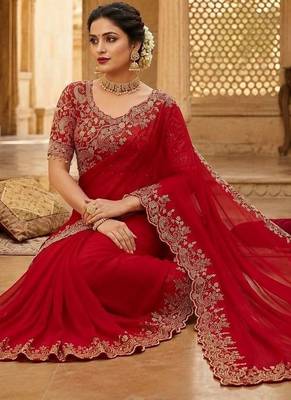 Red floral zari satin fusion saree 2