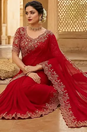 Red floral zari satin fusion saree