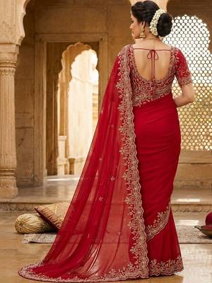Red floral zari satin fusion saree 3