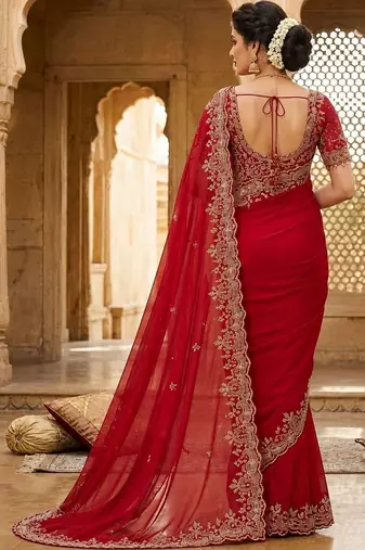 Red floral zari satin fusion saree