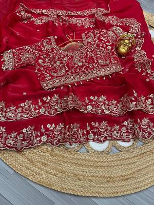 Red floral zari satin fusion saree 4