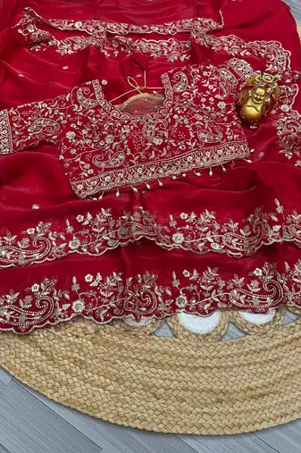 Red floral zari satin fusion saree