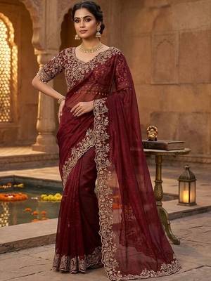 Maroon woven design embroidered satin fusion saree 1