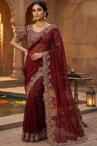 Maroon woven design embroidered satin fusion saree