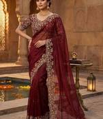 Maroon woven design embroidered satin fusion saree