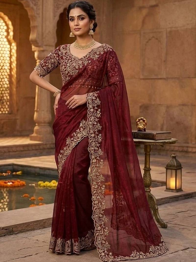 Maroon woven design embroidered satin fusion saree