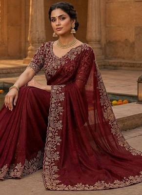 Maroon woven design embroidered satin fusion saree 2
