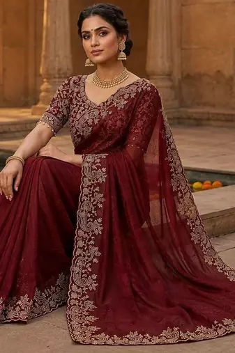 Maroon woven design embroidered satin fusion saree