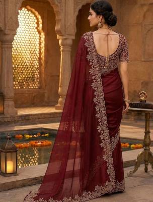 Maroon woven design embroidered satin fusion saree 3