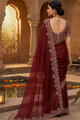 Maroon woven design embroidered satin fusion saree