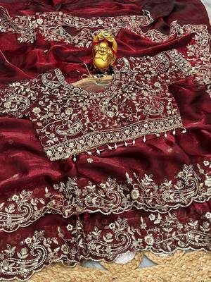 Maroon woven design embroidered satin fusion saree 4