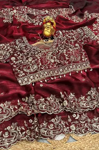 Maroon woven design embroidered satin fusion saree