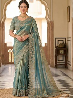 Teal woven design embroidered satin fusion saree 1