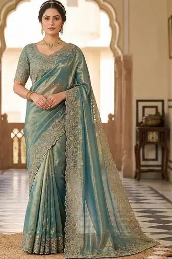 Teal woven design embroidered satin fusion saree