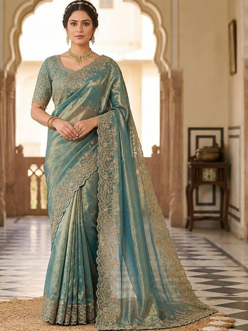 Teal woven design embroidered satin fusion saree