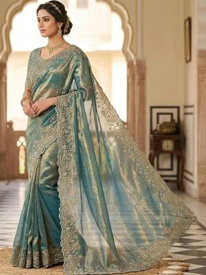 Teal woven design embroidered satin fusion saree 2