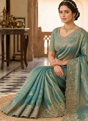 Teal woven design embroidered satin fusion saree 3