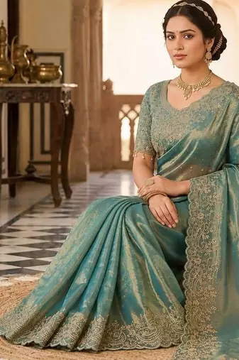 Teal woven design embroidered satin fusion saree