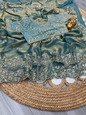 Teal woven design embroidered satin fusion saree 4
