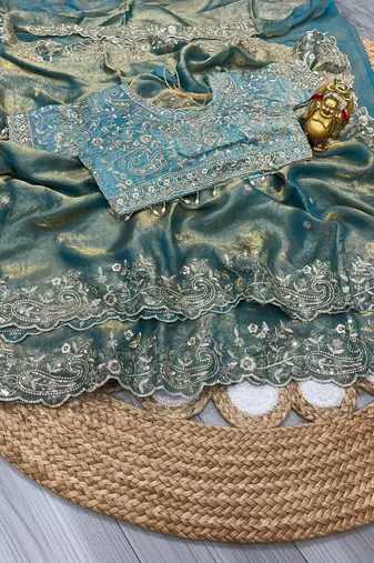 Teal woven design embroidered satin fusion saree