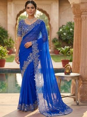 Blue woven design embroidered satin fusion saree 1