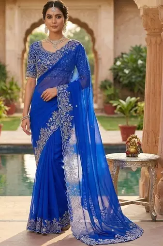 Blue woven design embroidered satin fusion saree