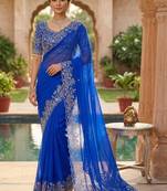 Blue woven design embroidered satin fusion saree