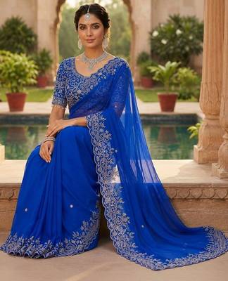 Blue woven design embroidered satin fusion saree 2