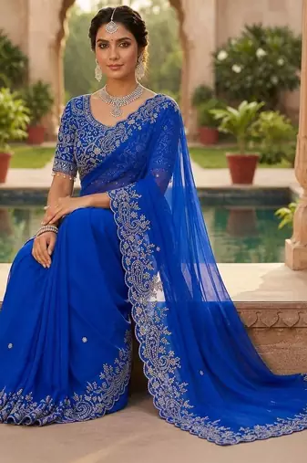 Blue woven design embroidered satin fusion saree