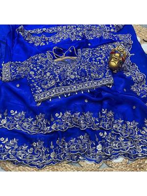 Blue woven design embroidered satin fusion saree 3