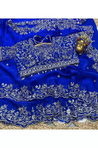 Blue woven design embroidered satin fusion saree