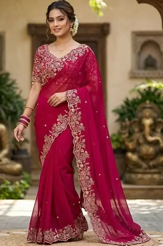 Magenta woven design zari satin fusion saree