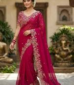 Magenta woven design zari satin fusion saree