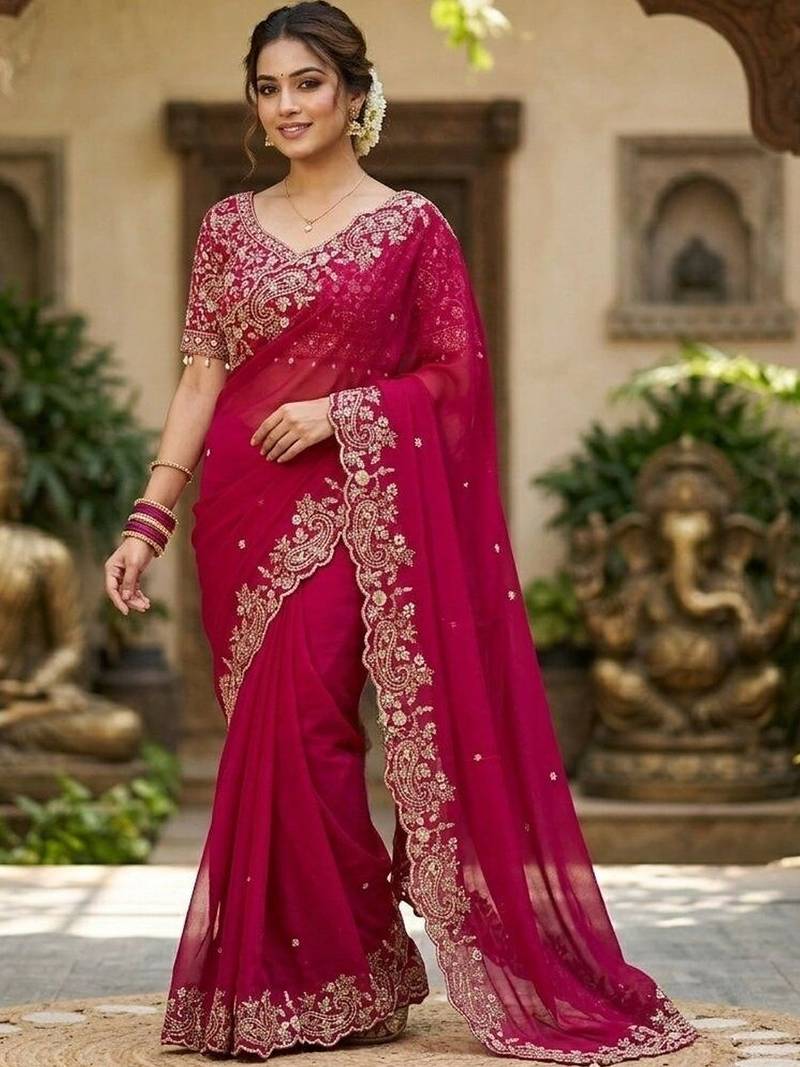 Magenta woven design zari satin fusion saree