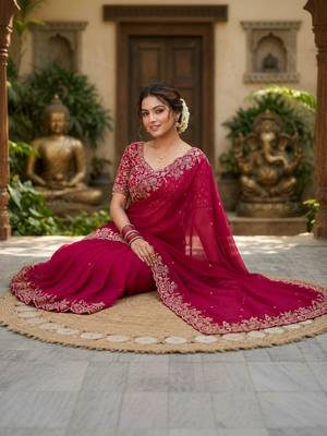 Magenta woven design zari satin fusion saree 2