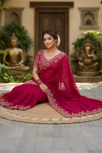 Magenta woven design zari satin fusion saree