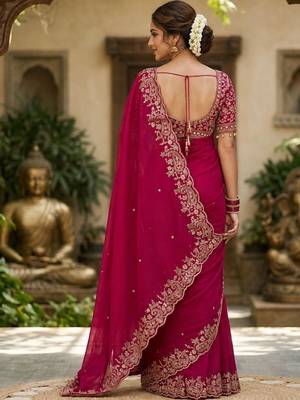 Magenta woven design zari satin fusion saree 3
